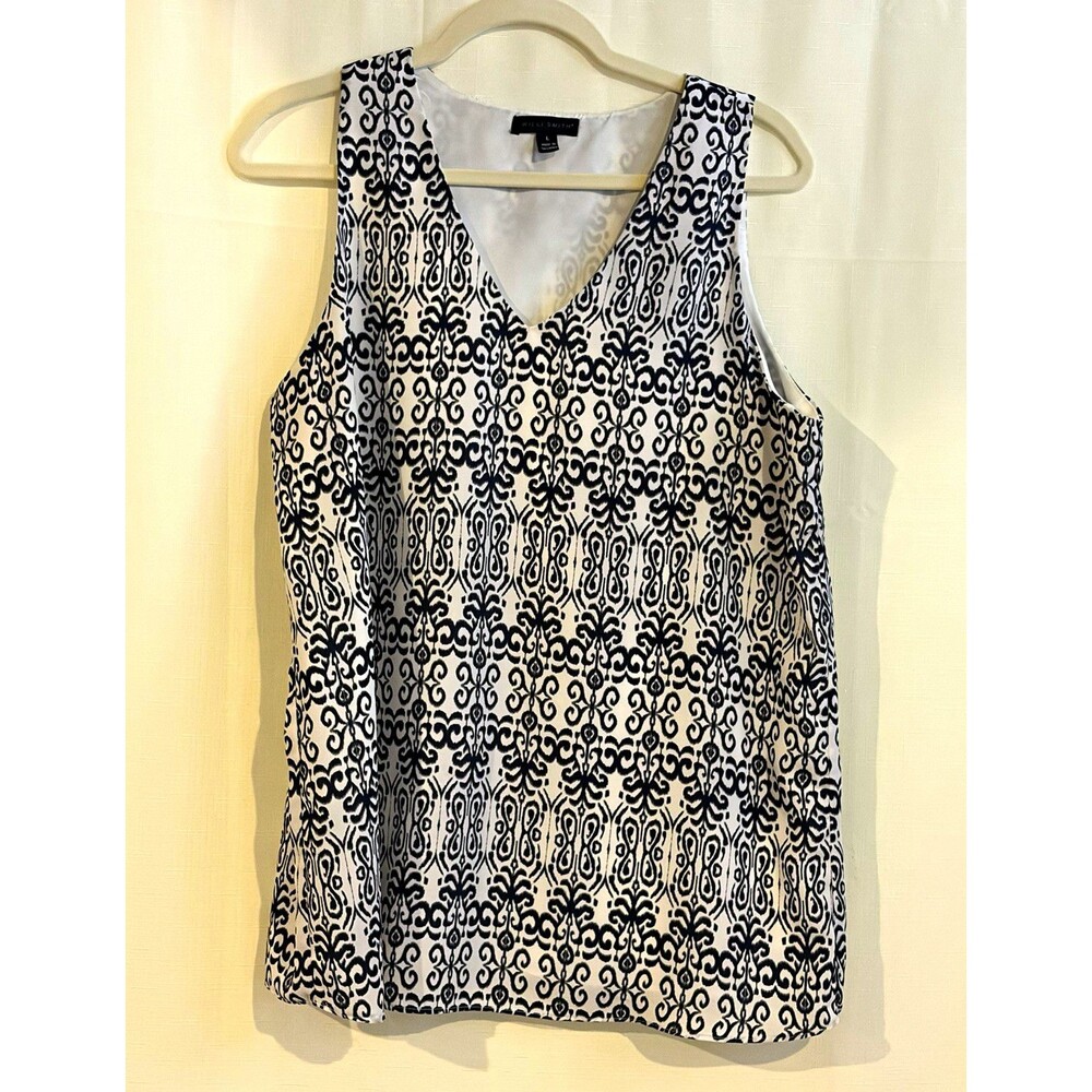 Willi Smith Women's Black/White Geometric V-Neck Sleeveless Tank Top L